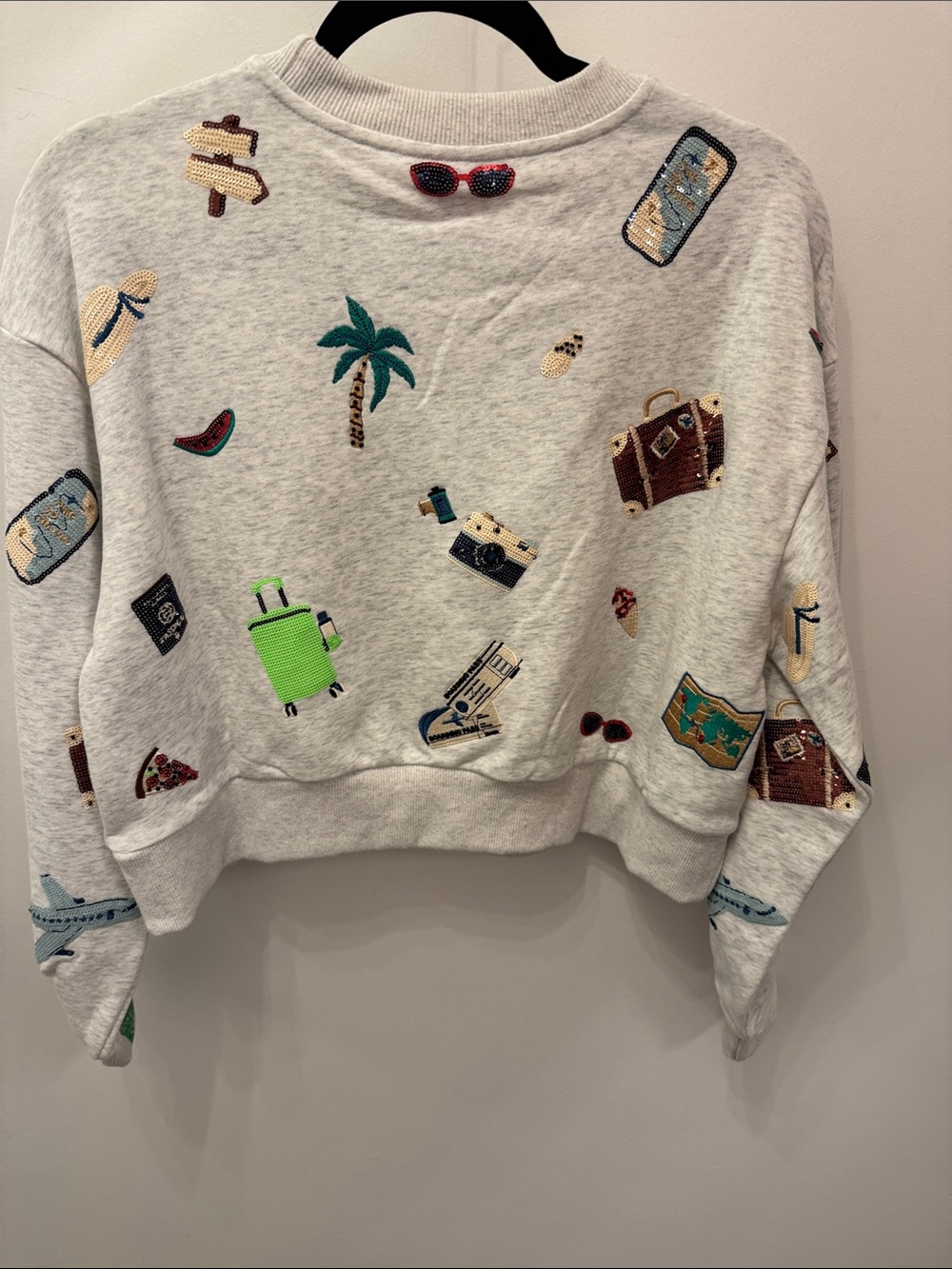 QUEEN OF SPARKLES Light Gray Embroidered Travel Icon Crewneck - Picture 3 of 3